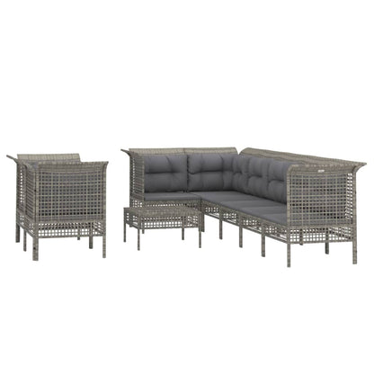 9-tlg. Garten-Lounge-Set mit Kissen Grau Poly Rattan