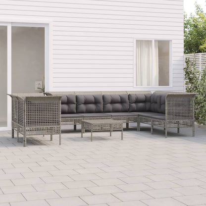 9-tlg. Garten-Lounge-Set mit Kissen Grau Poly Rattan