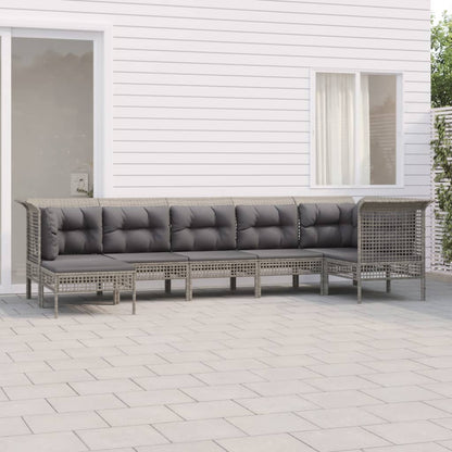 7-tlg. Garten-Lounge-Set mit Kissen Grau Poly Rattan