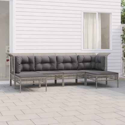 6-tlg. Garten-Lounge-Set mit Kissen Grau Poly Rattan