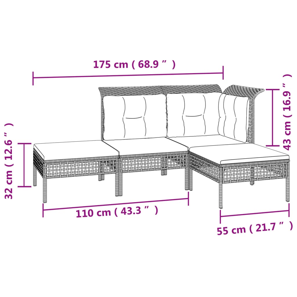 7-tlg. Garten-Lounge-Set mit Kissen Grau Poly Rattan