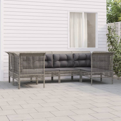 6-tlg. Garten-Lounge-Set mit Kissen Grau Poly Rattan