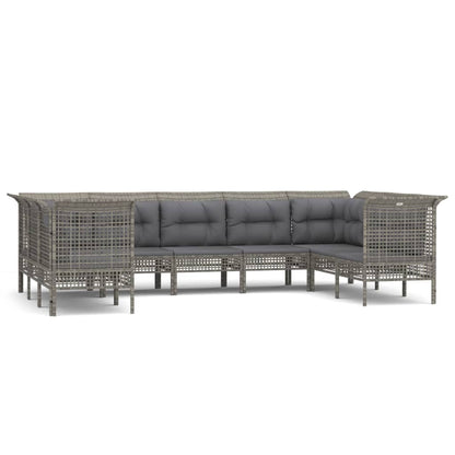 9-tlg. Garten-Lounge-Set mit Kissen Grau Poly Rattan