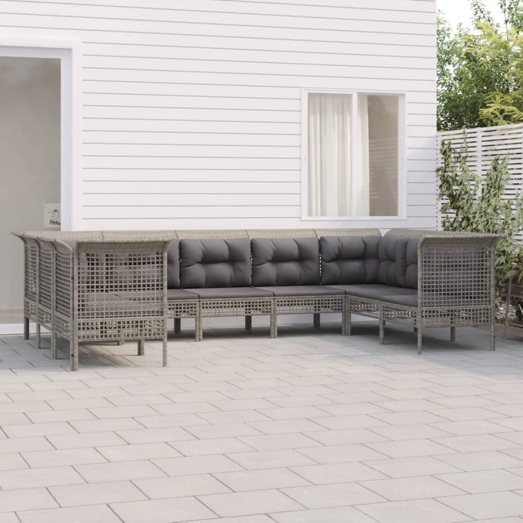 9-tlg. Garten-Lounge-Set mit Kissen Grau Poly Rattan