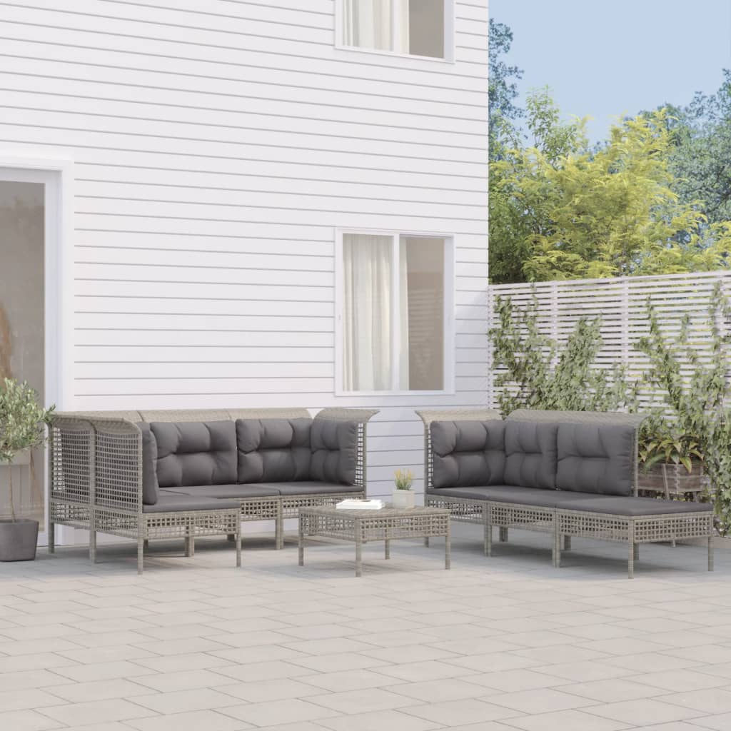 10-tlg. Garten-Lounge-Set mit Kissen Grau Poly Rattan