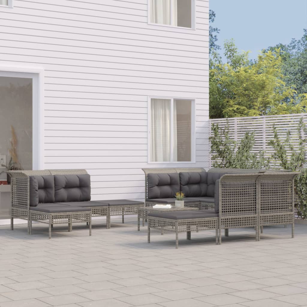 11-tlg. Garten-Lounge-Set mit Kissen Grau Poly Rattan