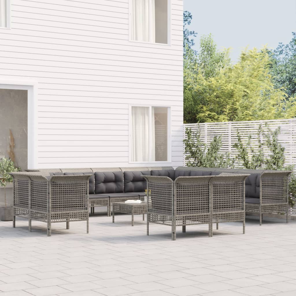 13-tlg. Garten-Lounge-Set mit Kissen Grau Poly Rattan