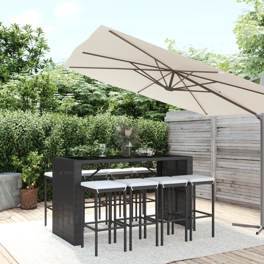 9-tlg. Gartenbar-Set mit Kissen Schwarz Poly Rattan