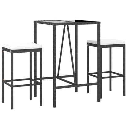 3-tlg. Gartenbar-Set mit Kissen Schwarz Poly Rattan