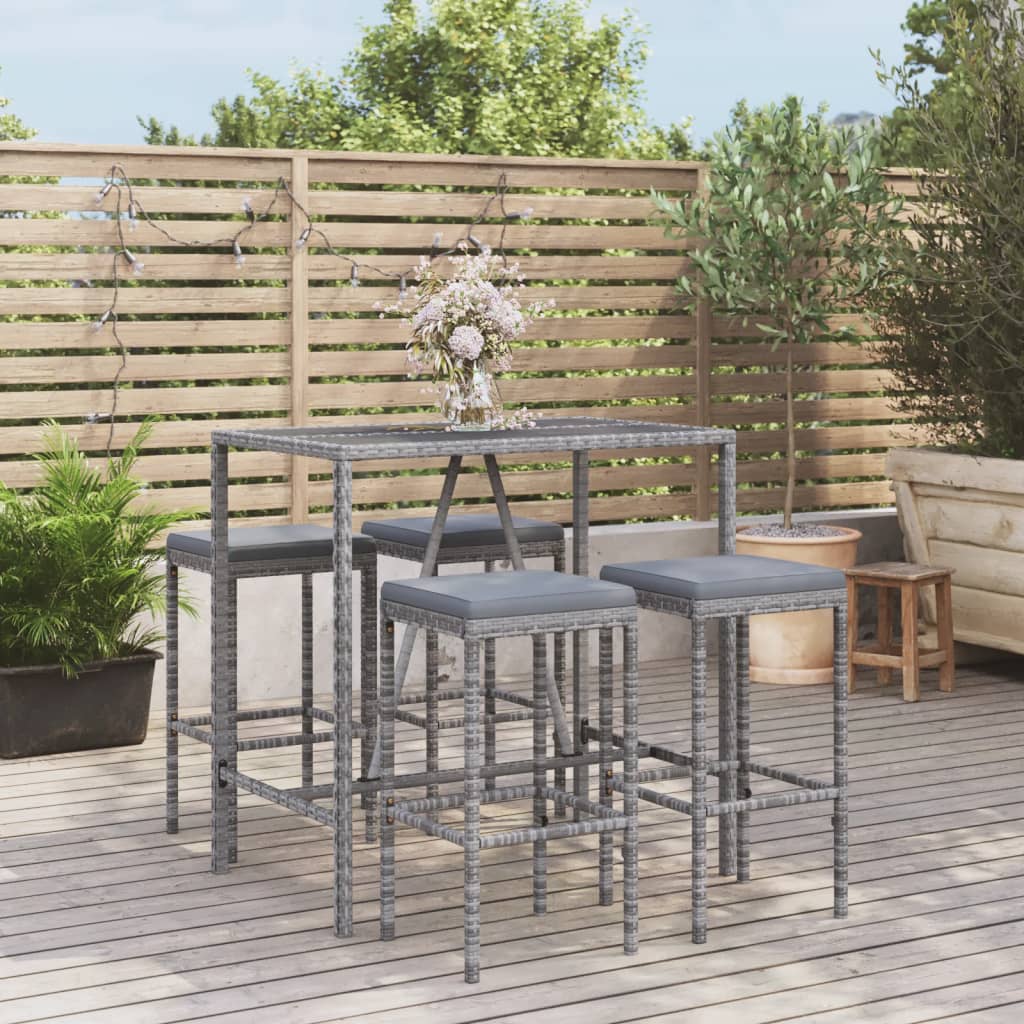 5-tlg. Gartenbar-Set mit Kissen Grau Poly Rattan