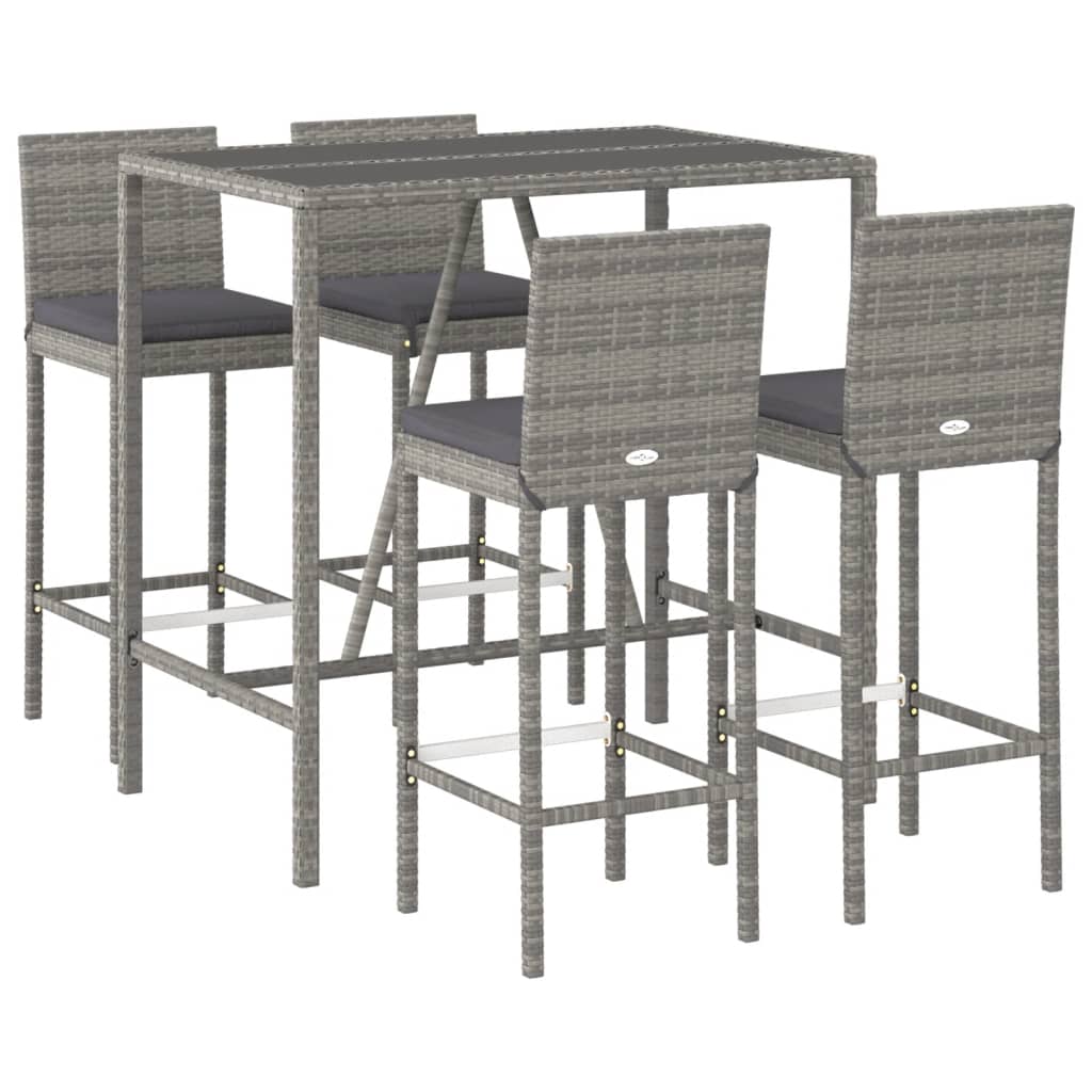 5-tlg. Gartenbar-Set mit Kissen Grau Poly Rattan