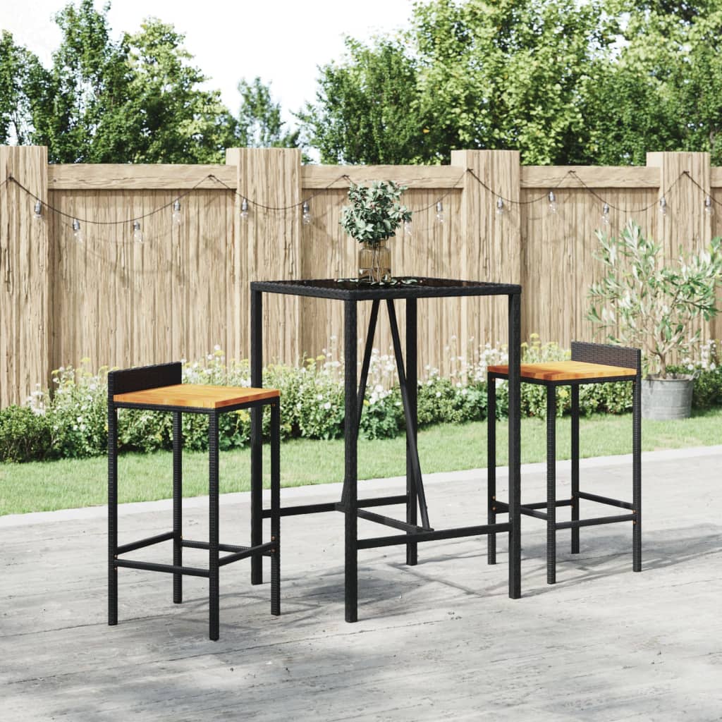 3-tlg. Gartenbar-Set Schwarz Poly Rattan & Massivholz Akazie