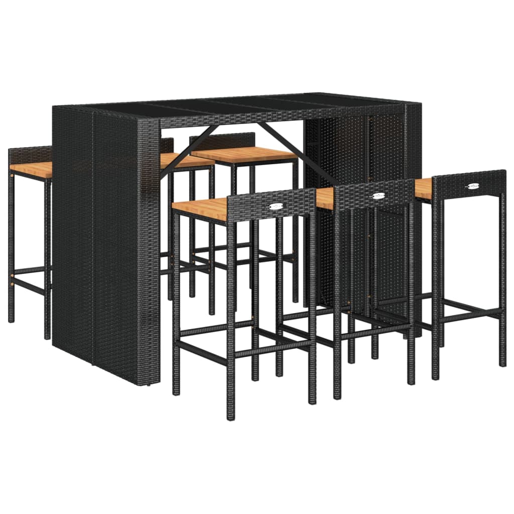 7-tlg. Gartenbar-Set Schwarz Poly Rattan & Massivholz Akazie