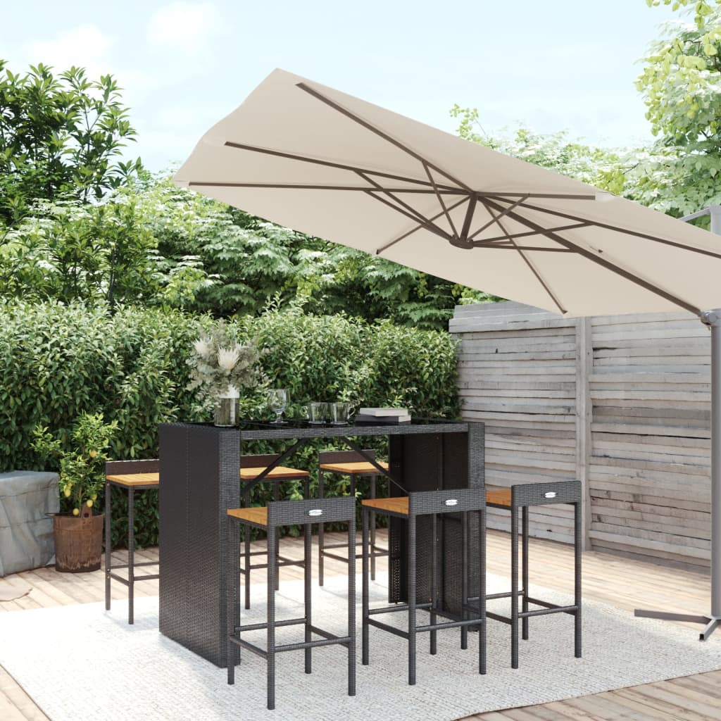 7-tlg. Gartenbar-Set Schwarz Poly Rattan & Massivholz Akazie