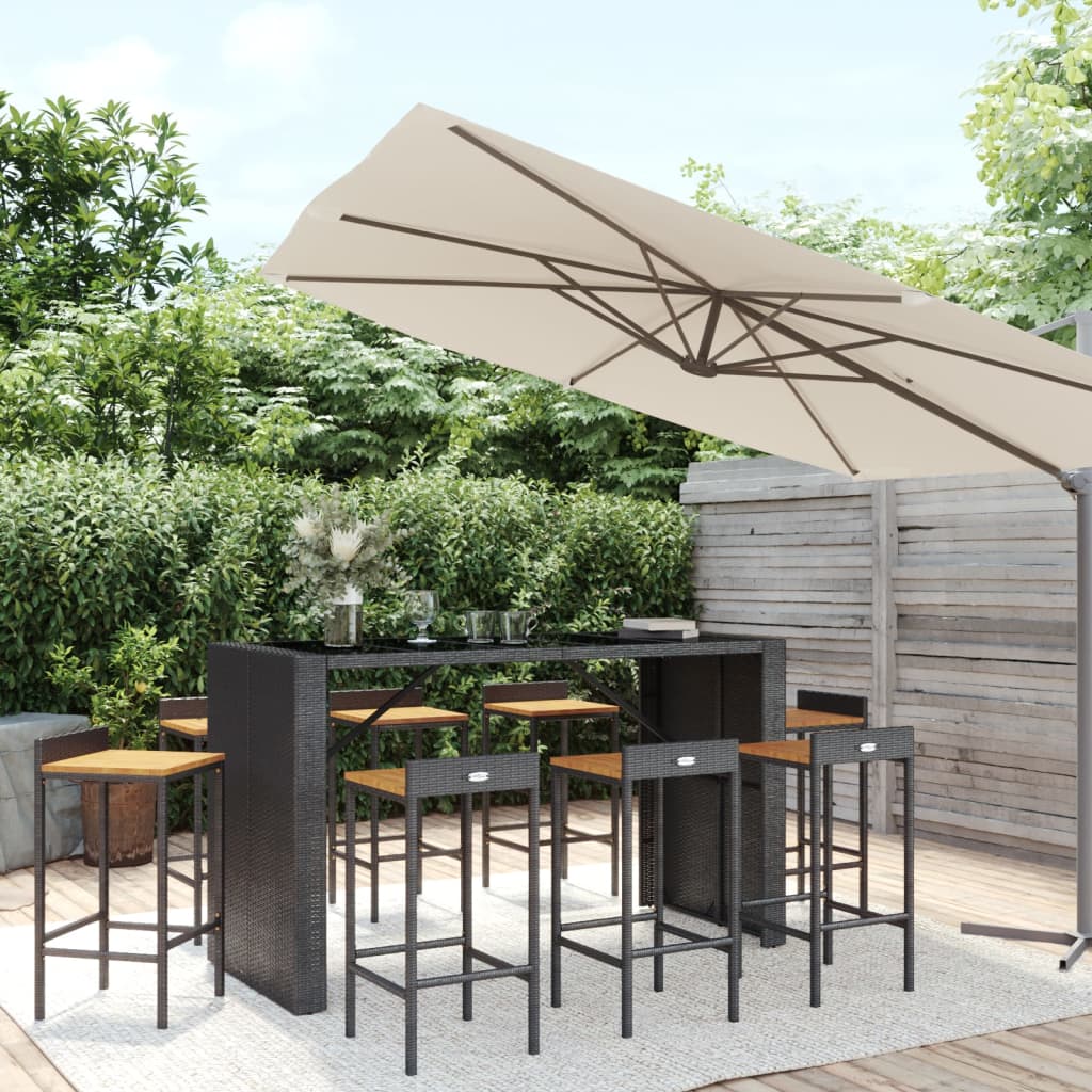 9-tlg. Gartenbar-Set Schwarz Poly Rattan & Massivholz Akazie