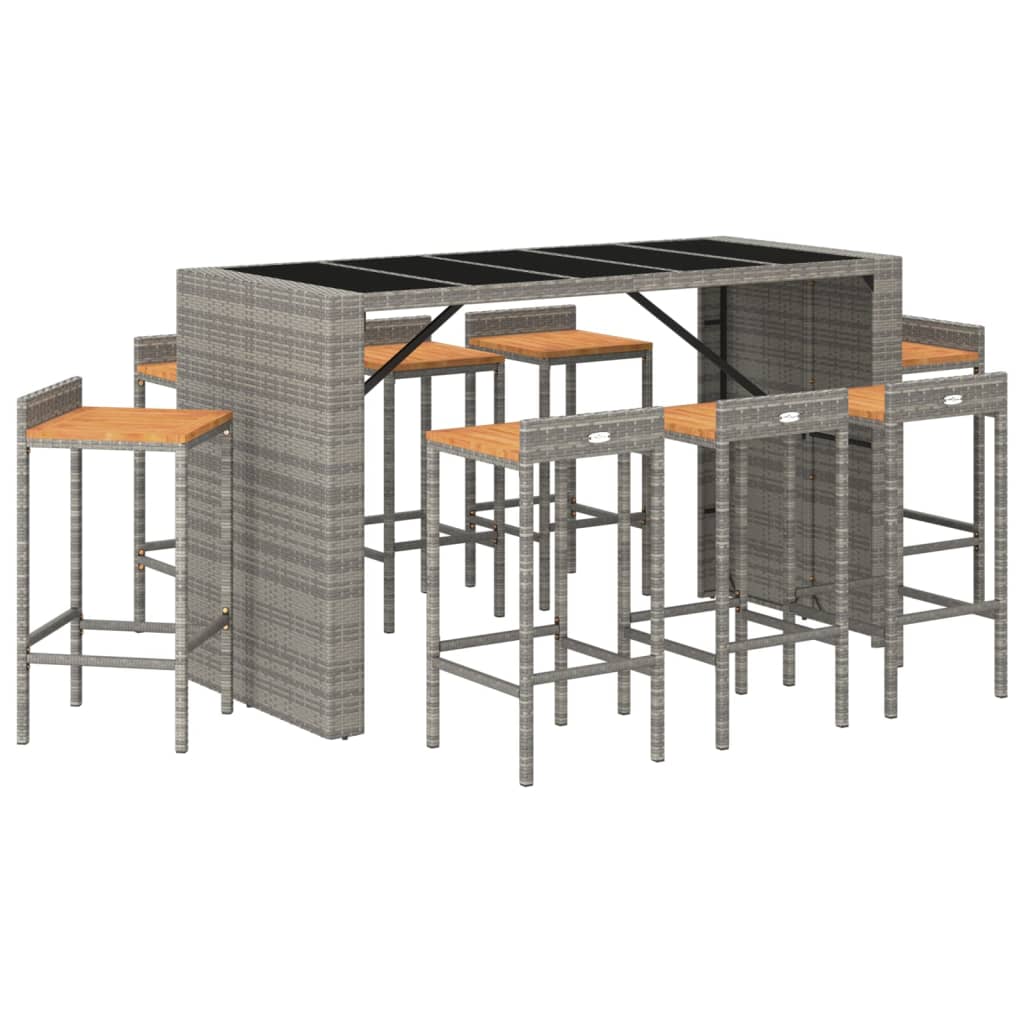 9-tlg. Gartenbar-Set Grau Poly Rattan & Massivholz Akazie