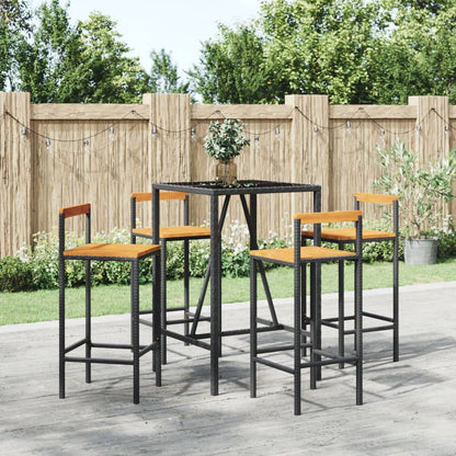 5-tlg. Gartenbar-Set Schwarz Poly Rattan & Massivholz Akazie