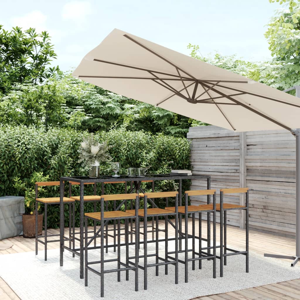 9-tlg. Gartenbar-Set Schwarz Poly Rattan & Massivholz Akazie