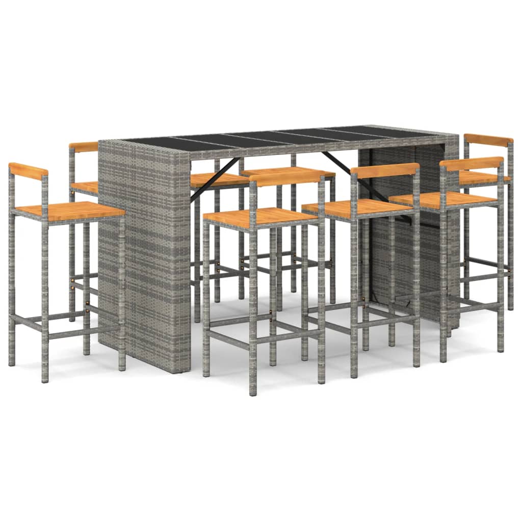 9-tlg. Gartenbar-Set Grau Poly Rattan & Massivholz Akazie