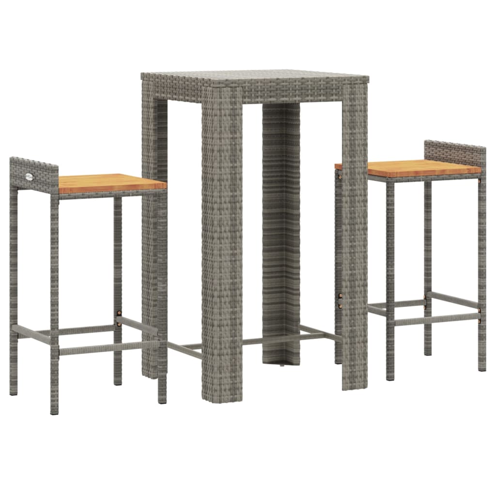 3-tlg. Gartenbar-Set Grau Poly Rattan & Massivholz Akazie