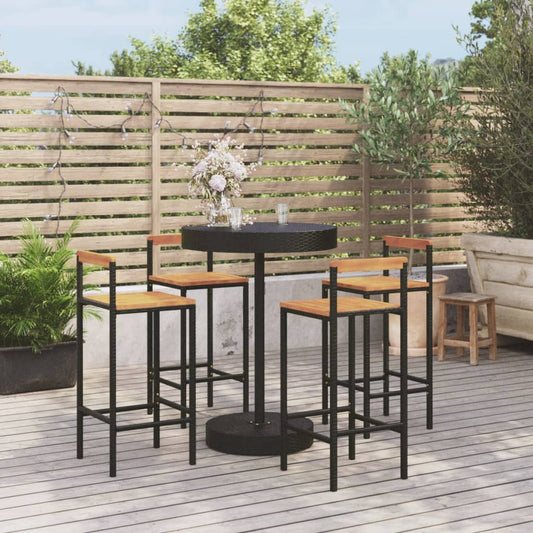 5-tlg. Gartenbar-Set Schwarz Poly Rattan & Massivholz Akazie