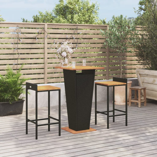 3-tlg. Gartenbar-Set Schwarz Poly Rattan & Massivholz Akazie