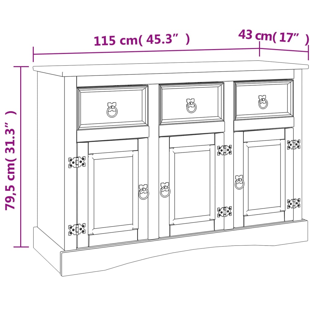 Sideboard Corona 115x43x79,5 cm Massivholz Mexikanische Kiefer