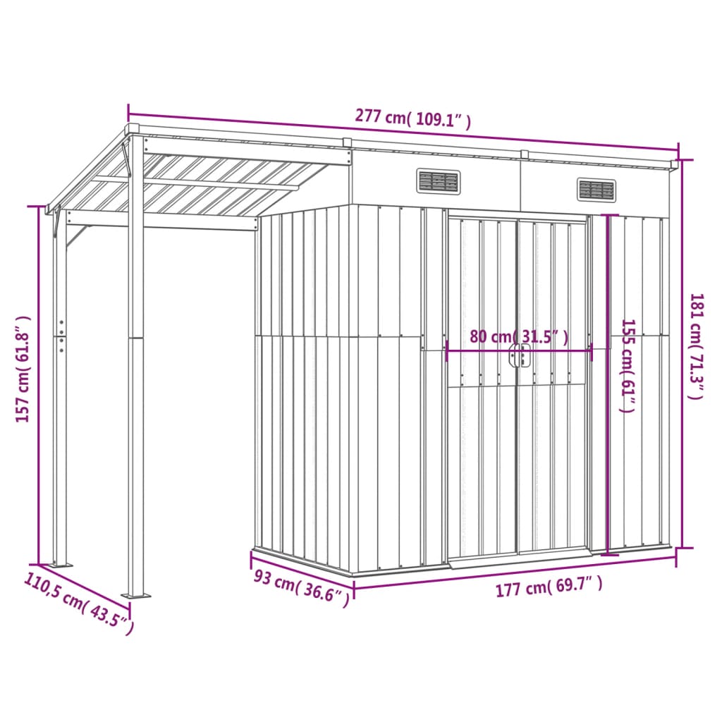 Gartenhaus mit Schleppdach Anthrazit 277x110,5x181 cm Stahl