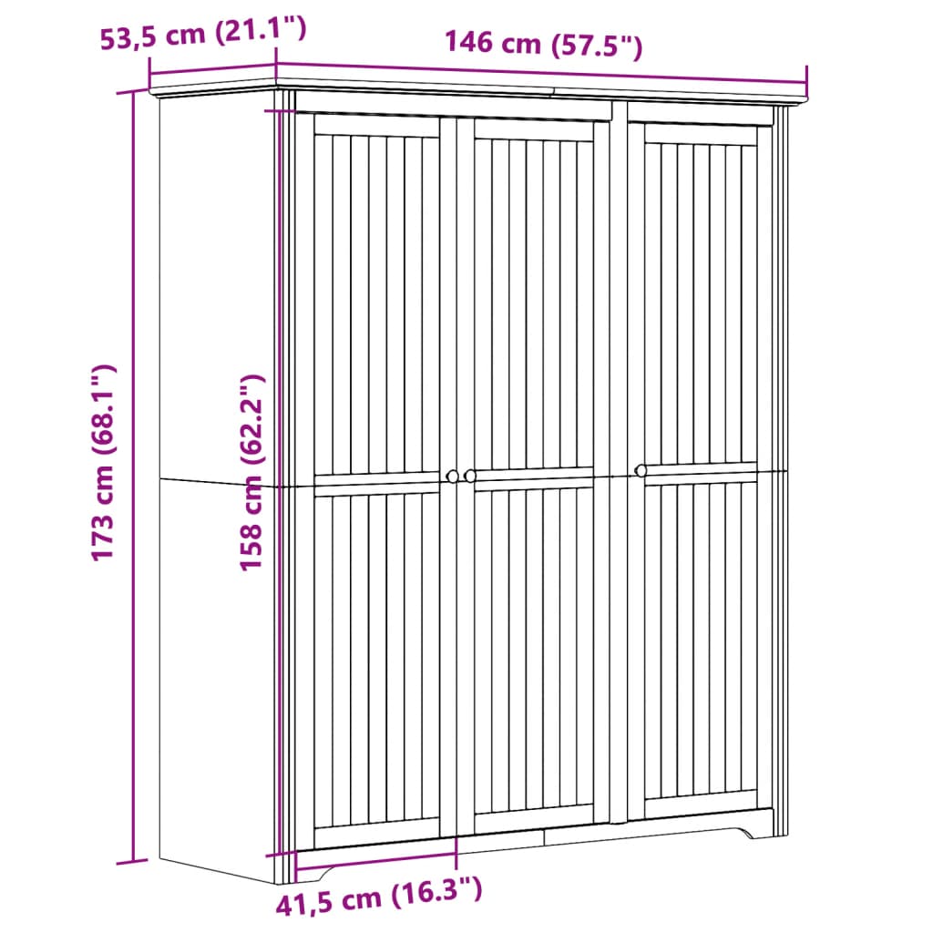 Kleiderschrank BODO Grau 146x53,5x173 cm Massivholz Kiefer