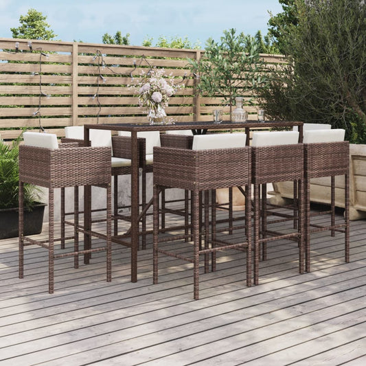 9-tlg. Gartenbar-Set mit Kissen Braun Poly Rattan