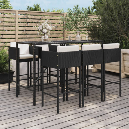 7-tlg. Gartenbar-Set mit Kissen Schwarz Poly Rattan