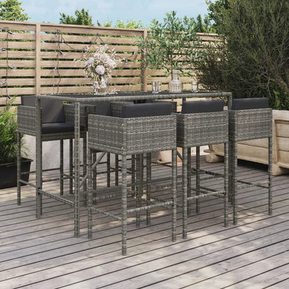 7-tlg. Gartenbar-Set mit Kissen Grau Poly Rattan