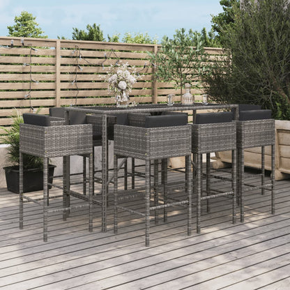 9-tlg. Gartenbar-Set mit Kissen Grau Poly Rattan