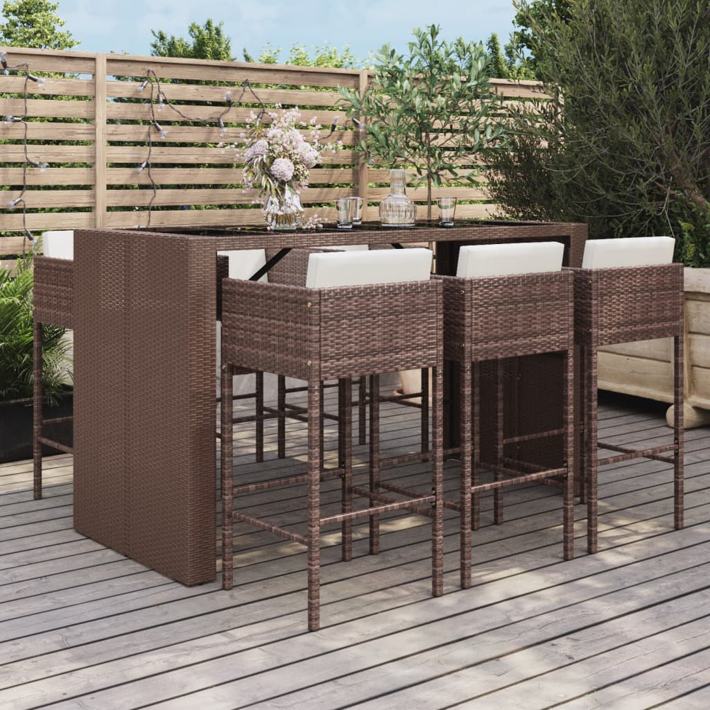 7-tlg. Gartenbar-Set mit Kissen Braun Poly Rattan