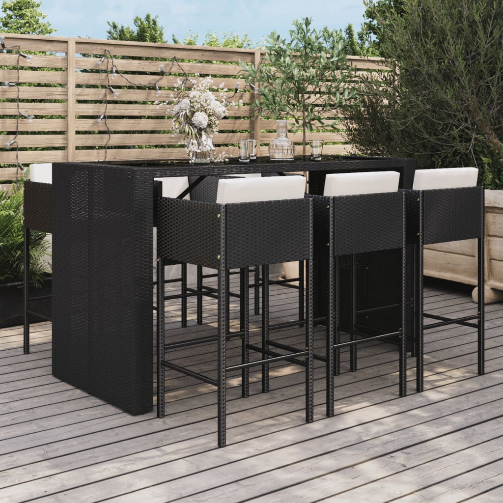 7-tlg. Gartenbar-Set mit Kissen Schwarz Poly Rattan