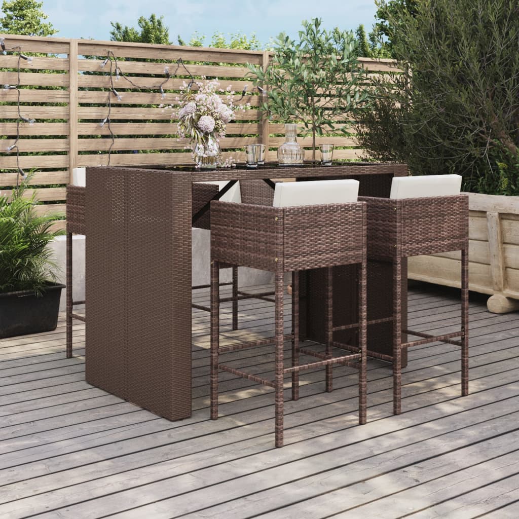 5-tlg. Gartenbar-Set mit Kissen Braun Poly Rattan