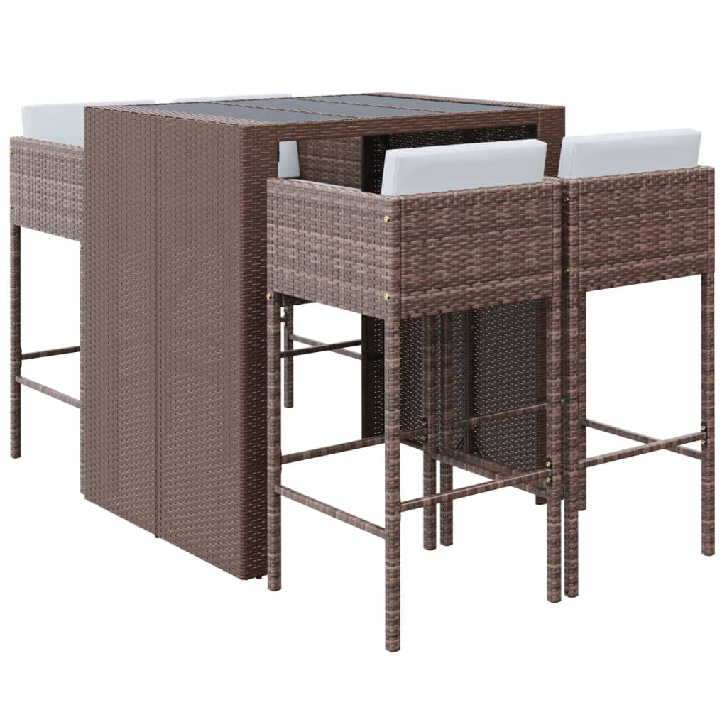 5-tlg. Gartenbar-Set mit Kissen Braun Poly Rattan