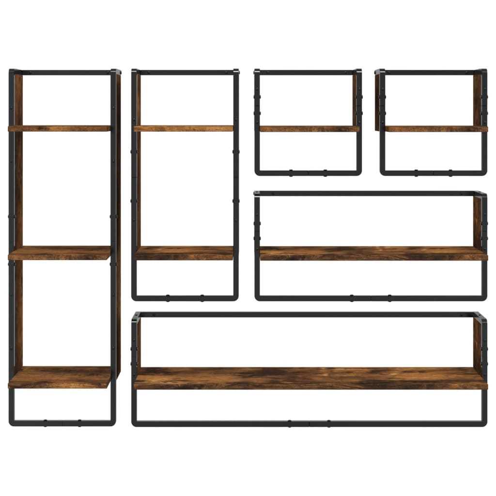 6-tlg. Wandregal-Set mit Stangen Räuchereiche Holzwerkstoff