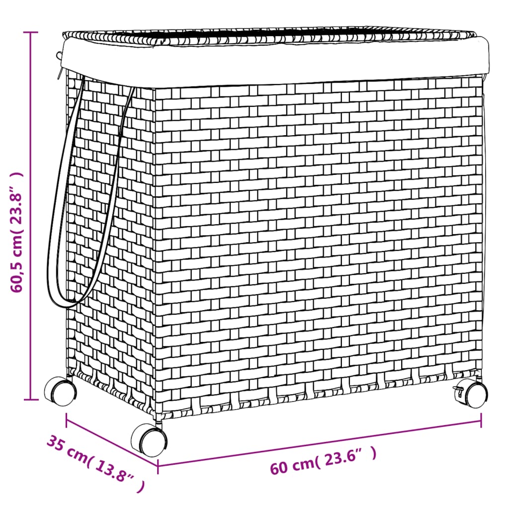 Wäschekorb mit Rollen Weiß 60x35x60,5 cm Rattan