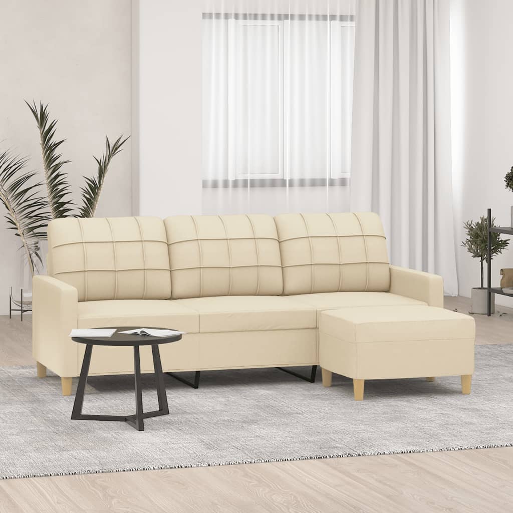 3-Sitzer-Sofa mit Hocker Creme 180 cm Stoff