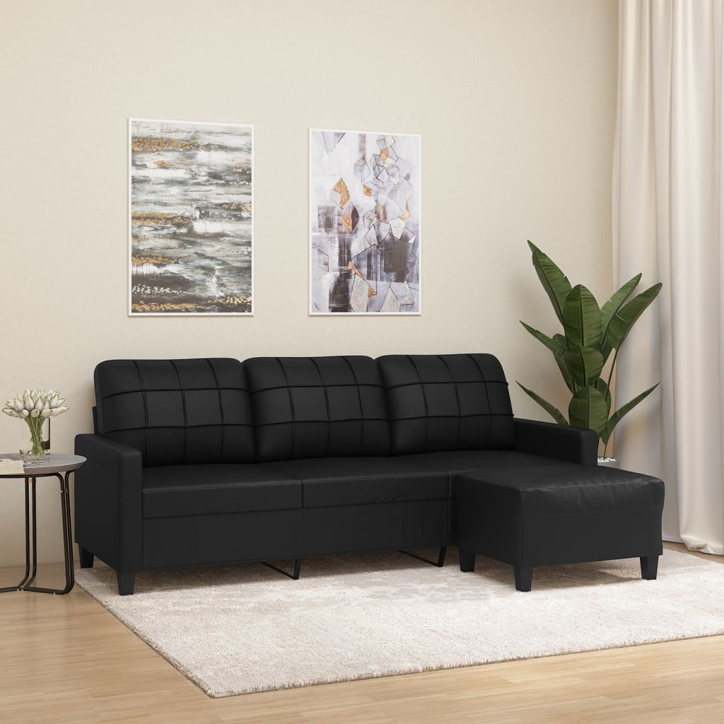 3-Sitzer-Sofa mit Hocker Schwarz 180 cm Kunstleder