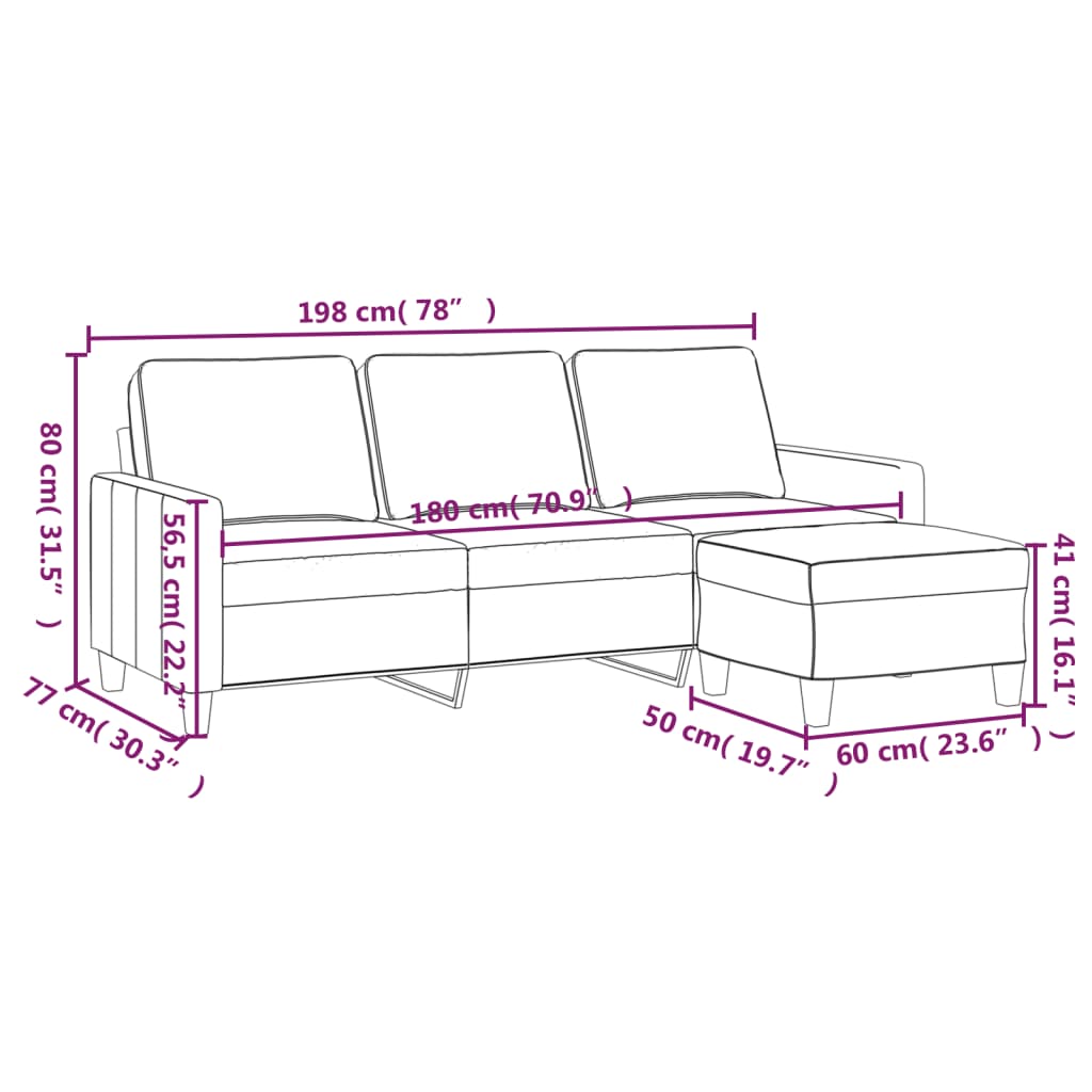 3-Sitzer-Sofa mit Hocker Creme 180 cm Stoff