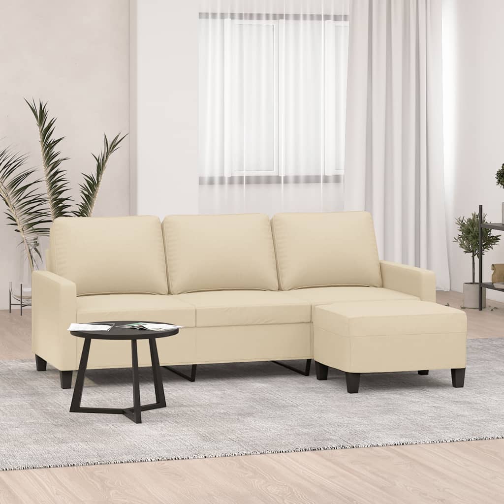 3-Sitzer-Sofa mit Hocker Creme 180 cm Stoff