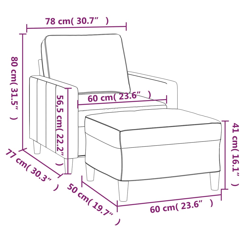 Sessel mit Hocker Hellgrau 60 cm Samt