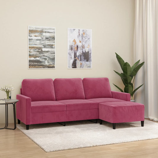 3-Sitzer-Sofa mit Hocker Weinrot 180 cm Samt