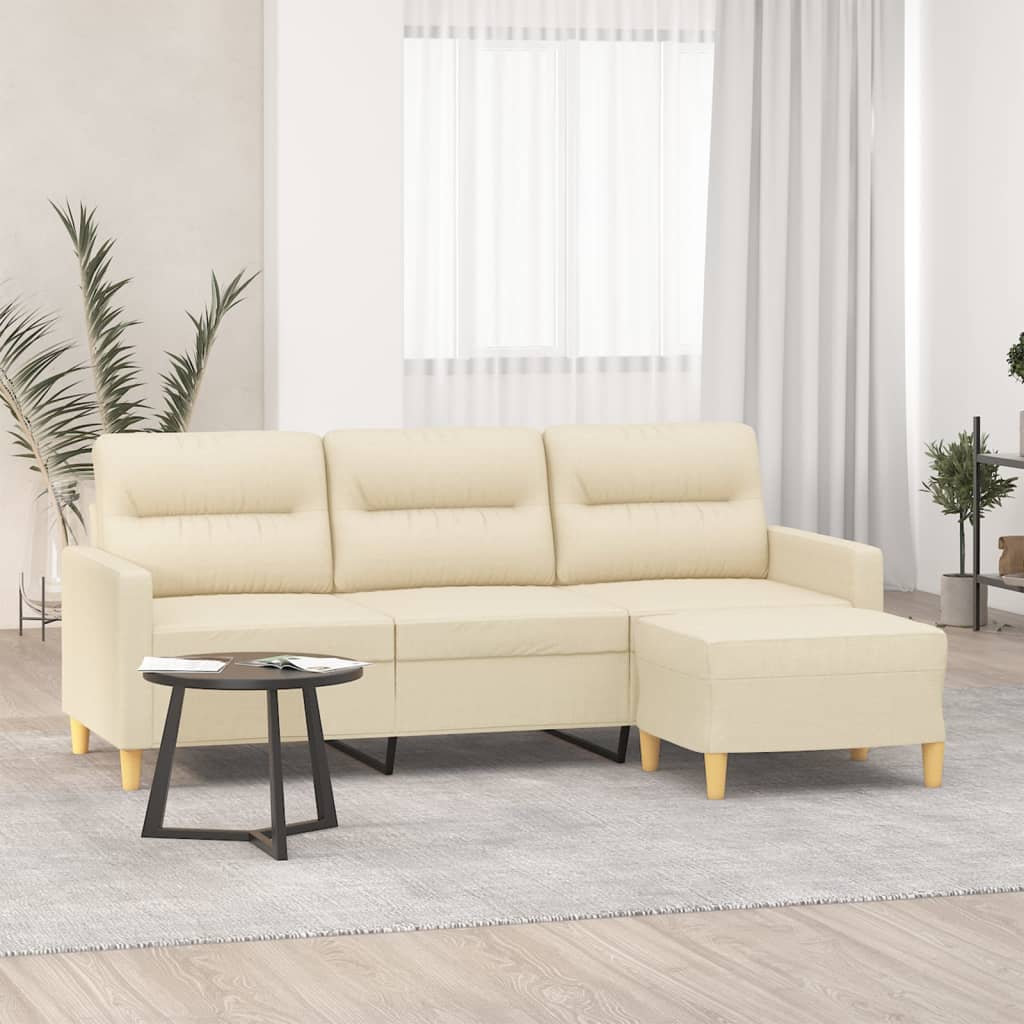 3-Sitzer-Sofa mit Hocker Creme 180 cm Stoff