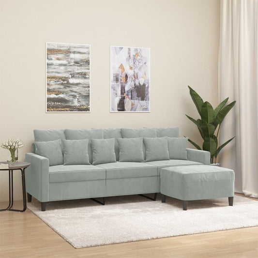 3-Sitzer-Sofa mit Hocker Hellgrau 180 cm Samt