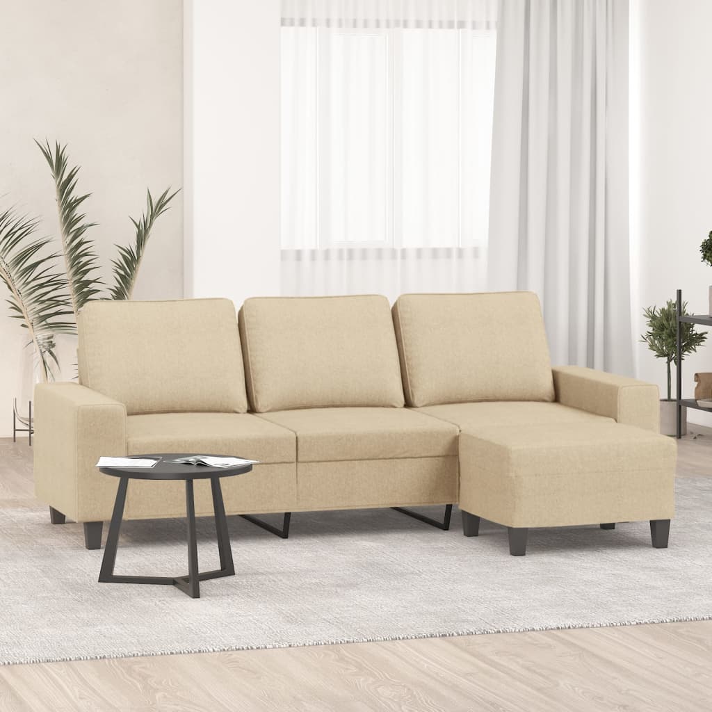 3-Sitzer-Sofa mit Hocker Creme 180 cm Stoff