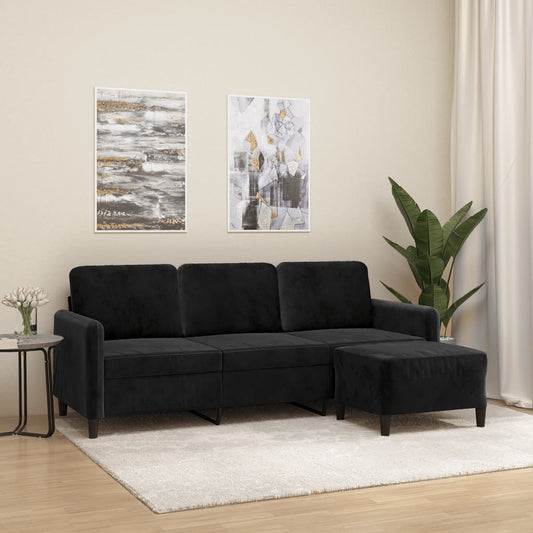 3-Sitzer-Sofa mit Hocker Schwarz 180 cm Samt