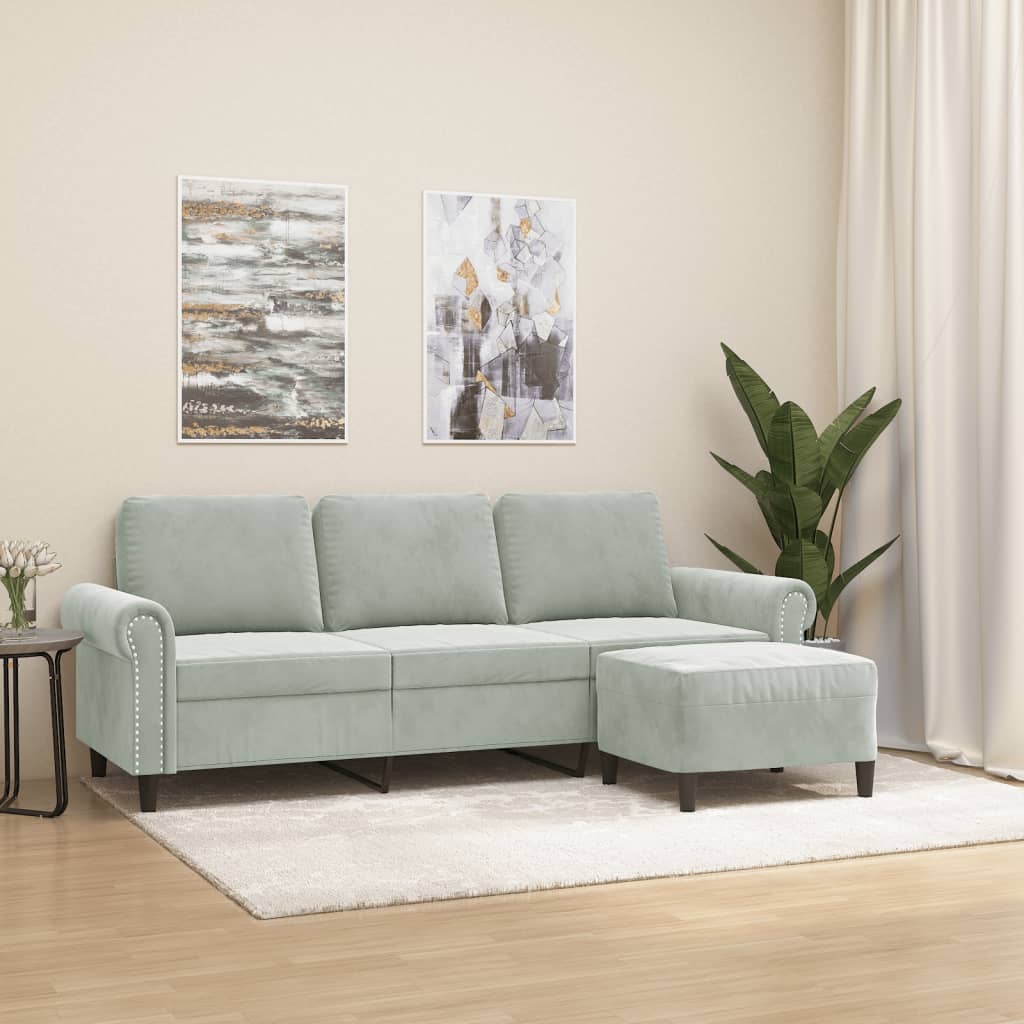 3-Sitzer-Sofa mit Hocker Hellgrau 180 cm Samt